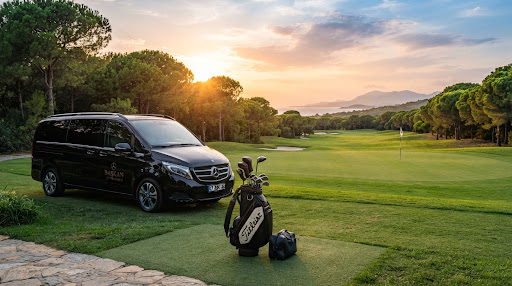 Scenic championship golf course green in Belek Antalya with lush Mediterranean pine trees, golden sunset light filtering through the fairway, premium golf clubs and leather bags neatly placed beside a luxury black executive van.